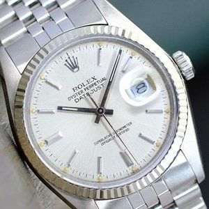 ROLEX MENS DATEJUST STEEL SILVER INDEX DIAL FLUTED BEZEL 36MM AUTOMATIC WATCH